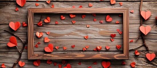 Aufkleber - Photo frame and heart shapes on a rustic wooden background with copy space image.