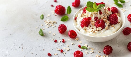 Poster - Morning cheesecake parfait with cottage cheese, mascarpone, oats, and raspberries on a white concrete background with copy space image.
