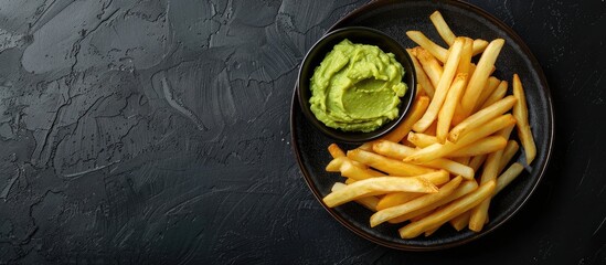 Aufkleber - Top-down view of a plate with French fries and avocado dip on a black table with room for text in the image. Copy space image. Place for adding text and design