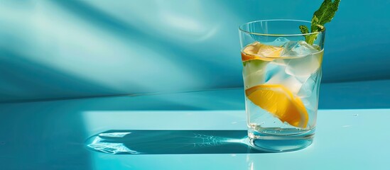 Poster - Refreshment beverage in a water glass on a blue background with copy space image, conveying a healthy lifestyle concept.