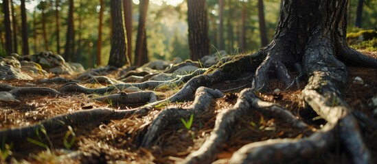 Canvas Print - Detailed close-up of pine tree roots in a forest, shot from a low angle to capture the natural scenery with a blurred background, highlighting the ecological environment. Add copy space image.