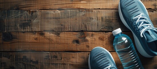 Poster - Health and wellness theme portrayed with sneakers and a water bottle on a wooden surface, featuring an area for additional text in the image.