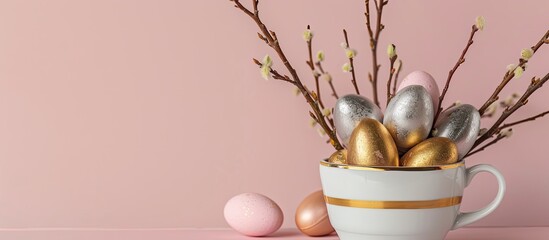 Fototapete - Front view of gold and silver Easter eggs with willow branches in a porcelain mug on a pink background, symbolizing a national holiday celebration concept. Happy Easter. Includes copy space image.