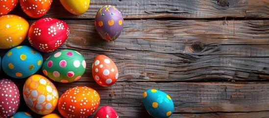 Wall Mural - Wooden background with colorful Easter eggs, ideal for copy space image.