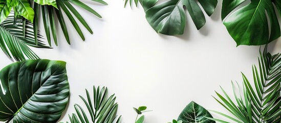 Poster - White background with tropical leaves for a summer-themed flat lay image with copy space image.