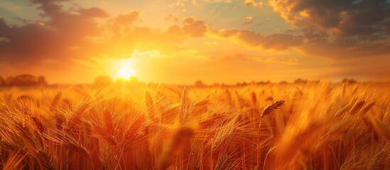 Poster - Sunset over a rural wheat field with ripening ears under an orange cloudy sky. Close-up nature photo with the setting sun and copy space for text. Rich harvest concept.