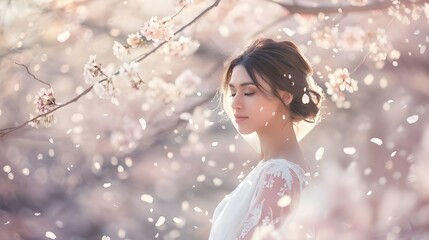Beautiful charming bride in white dress wedding portrait  with cherry blossom