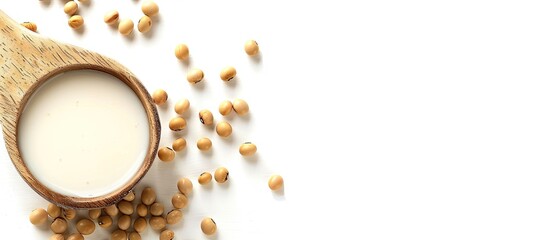 Poster - Soy milk in a spoon with soybean, isolated on white background, allowing for text with copy space image.
