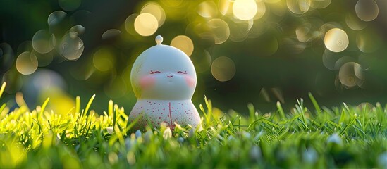 Poster - A white and pink ceramic doll displayed on green grass with a blurred bokeh and sunlight background, perfect for a copy space image.