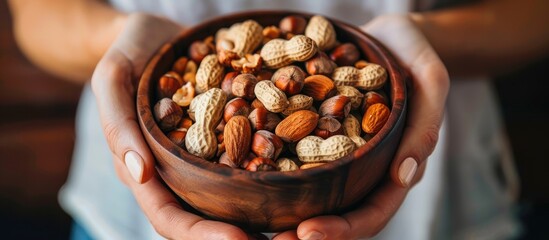Aufkleber - A woman's hands holding a wooden bowl filled with peanuts, depicting healthy snack options, featuring assorted vegetarian nuts. Ideal for a copy space image.