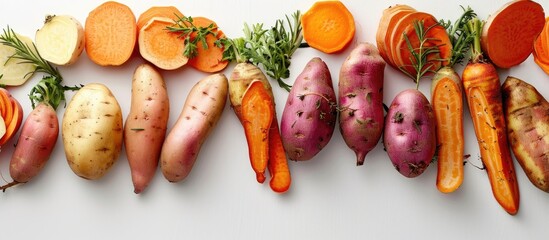 Aufkleber - Various sweet potatoes arranged individually on a white backdrop, with other whole vegetables and fruits visible, perfect for an ad banner or organic food packaging with copy space image available.
