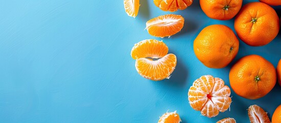 Poster - Isolated whole ripe mandarin fruit and slices set against a blue backdrop with copy space image.