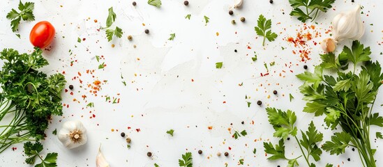 Wall Mural - Fresh parsley and spices on a white background with copy space image.