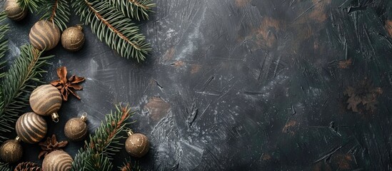 Fototapete - A gray table from above holding old wooden Christmas ornaments and pine branches, with room for text beside the image. Copy space image. Place for adding text and design