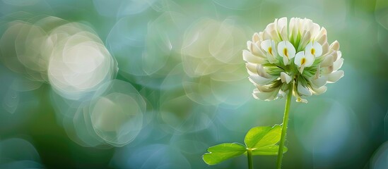 Poster - Close-up of a lovely white clover blossom against a blurred backdrop, ideal for text placement in the copy space image.