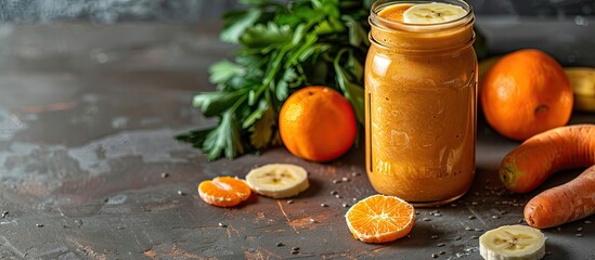 Aufkleber - Glass jar with a homemade smoothie made of carrots, clementines, and bananas. Side perspective with room for copy space image.