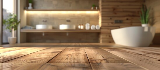 Aufkleber - Table with no items placed for showcasing products with background of blurry bathroom, allowing for copy space image.