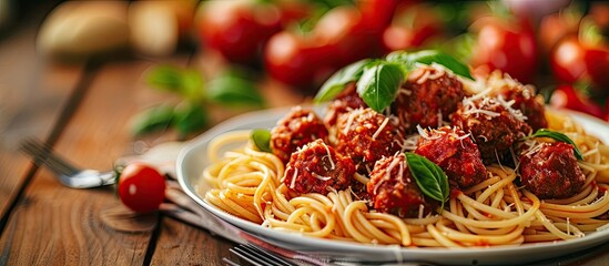 Aufkleber - Selective focus on a plate of spaghetti and meatballs on a table with a copy space image available.