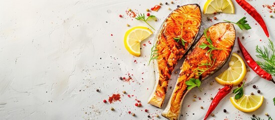 Poster - Red fish steak with lemon and spices on a light background, featuring a copy space image.