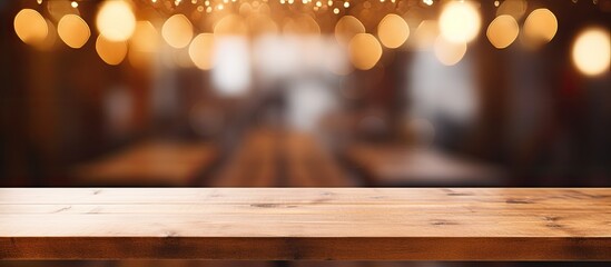 Poster - Brown wooden table with empty space setting, blurred Coffee shop background, ideal for product display with bokeh effect in the image.