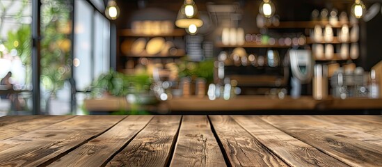 Poster - Focused on an empty brown wooden table with blurred coffee shop background and bokeh effect for showcasing products in a copy space image.