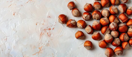 Poster - Hazelnuts displayed beautifully with a delicate background in a top view copy space image.