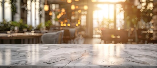 Sticker - Marble table on a desk with a blurred restaurant background, with copy space image.