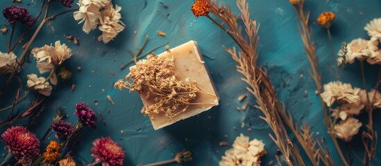 Poster - Handmade soap resting on a background of dried flowers provides a serene ambiance with a beautiful copy space image.