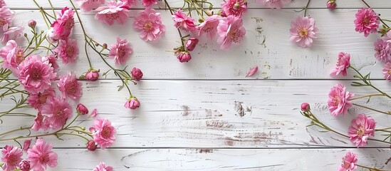 Wall Mural - Beautiful pink flowers displayed on a white wooden backdrop with copy space image.