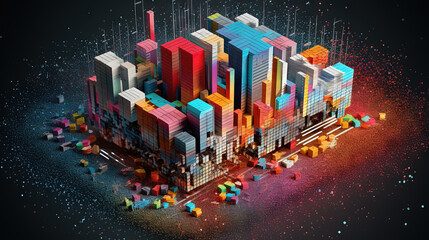 Aufkleber - Visually striking cityscape with warm hues, digital effects, and abstract urban skyline