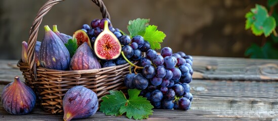 Poster - Metal basket filled with fresh organic figs, grapes, prunes, and dewberries on wooden background with copy space image.