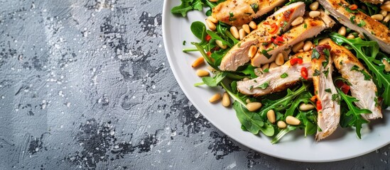 Sticker - Close-up of a salad featuring chicken, arugula, and pine nuts in a white plate against a grey concrete backdrop with copy space image.