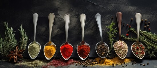 Poster - Basic cooking essentials like pepper, salt, rosemary, spices, and herbs set against a dark concrete background with copy space image.