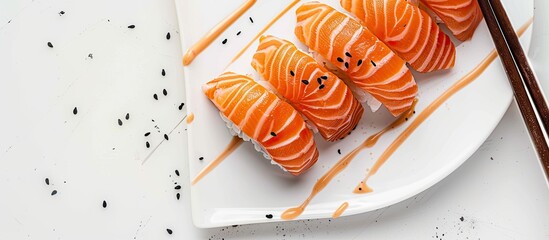 Sticker - Tasty and nutritious salmon sushi with appealing presentation and copy space image.