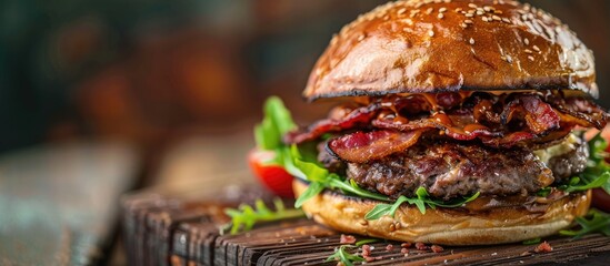 Poster - Close-up of a delicious burger topped with bacon on a rustic wooden board, with a designated area for text in the image.