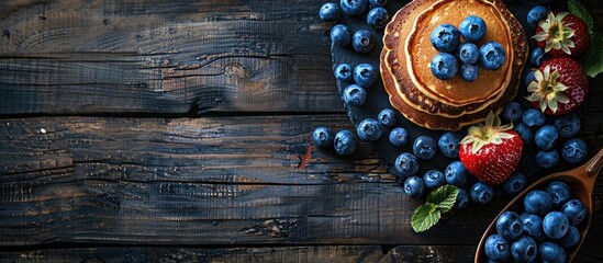 Aufkleber - Breakfast featuring pancakes and blueberries set on a dark wooden table with available copy space image.