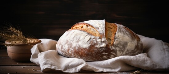 Poster - Freshly baked organic sourdough bread on a dark background with linen tablecloth, captured in a side view with copy space image.