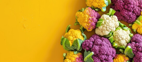 Poster - Top view of colorful cauliflower in macro texture against a yellow background for an agricultural harvest theme with simulation for use as a copy space image.