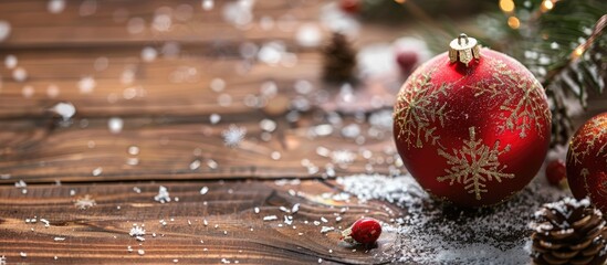 Aufkleber - A Christmas ornament on a wooden background with snowflakes, accompanied by a greeting card for Merry Christmas and Happy New Year, featuring copy space image.