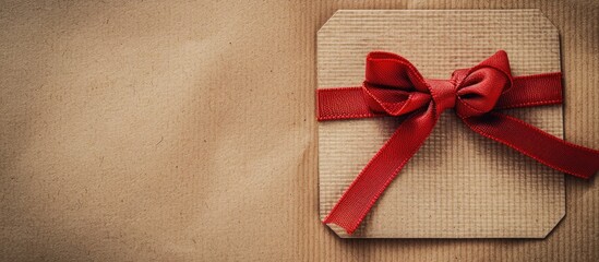 Poster - Greeting card with handmade ribbon, bow, and blank tag on kraft paper background for a copy space image.