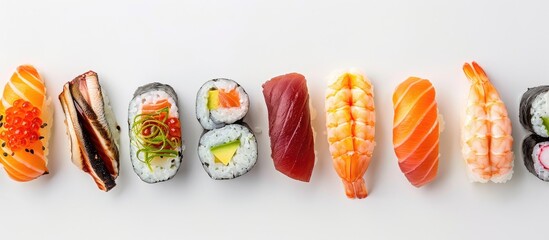 Poster - Sushi set featuring sashimi and sushi rolls with copy space image on a white backdrop.