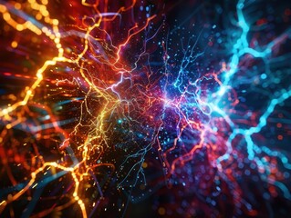 Wall Mural - futuristic energy visualization electric currents crackling through digital matrix dark background illuminated by vibrant colored light bursts sense of power and technology