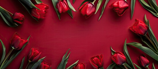 Aufkleber - Red tulip floral frame on a vivid red backdrop with copy space image.