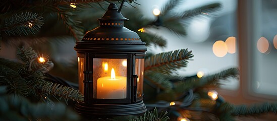 Aufkleber - Close-up image of a Christmas lantern with a lit candle placed on an indoor fir tree, providing copy space for text.