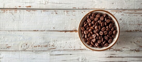 Aufkleber - Coffee beans filled cup on a white wooden backdrop with copy space image.