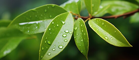 Poster - A brown leaf with raindrops rests on vibrant green bush foliage, providing a picturesque scene with copy space image.