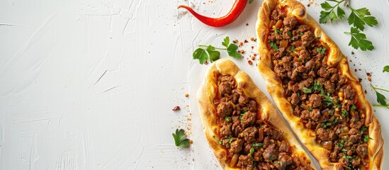 Poster - Turkish minced meat pide on a white background, with a copy space image.