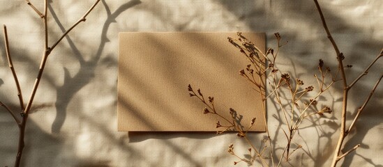 Poster - Top view flat lay of a blank greeting card surrounded by dried twigs casting shadows on a beige linen texture background, creating a serene copy space image with neutral tones.