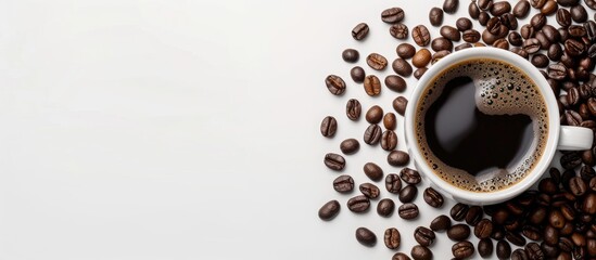 Aufkleber - On a white background, a coffee cup and coffee beans arranged elegantly providing copy space image.