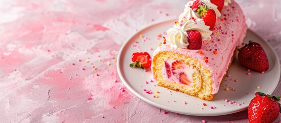 Wall Mural - Strawberry Swiss roll cake displayed on a white plate with a pink hue, against a background suitable for adding text or other elements, with copy space image.